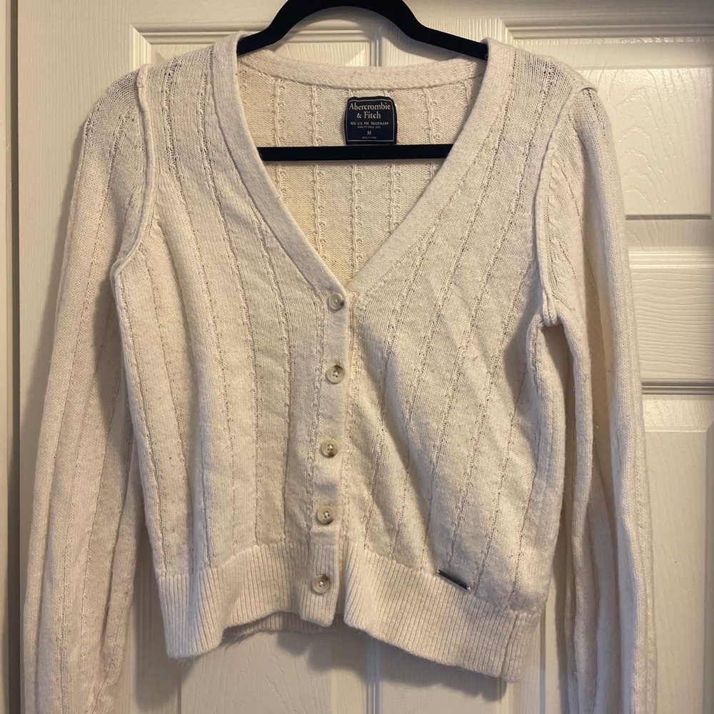 Abercrombie & Fitch Ivory V-Neck Cable Knit Button Cardigan Cotton Blend